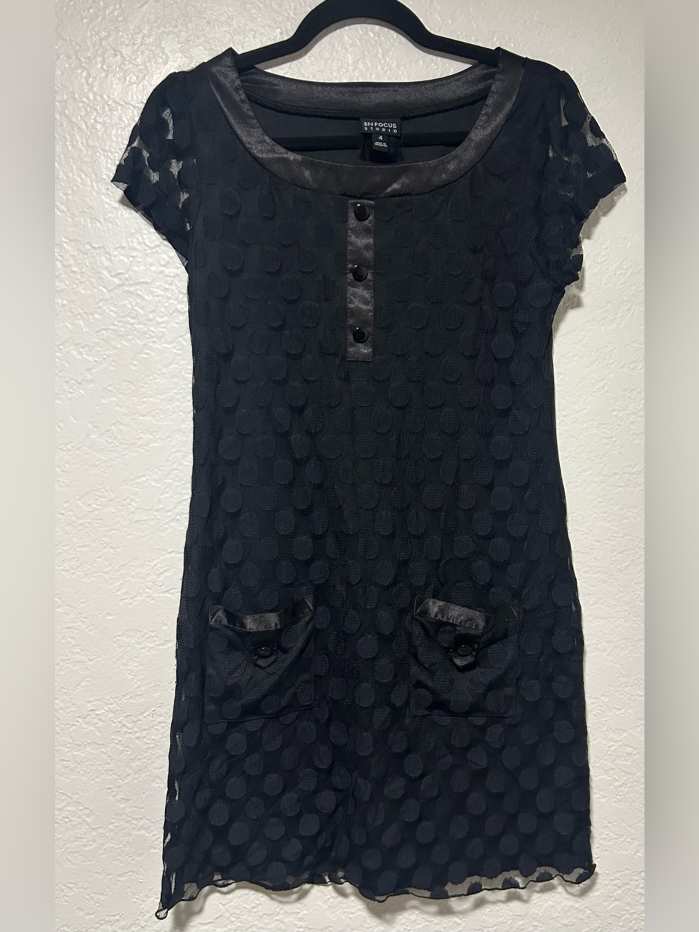 Enfocus Studio Black Dot-Textured Short Sleeve Mini Dress
